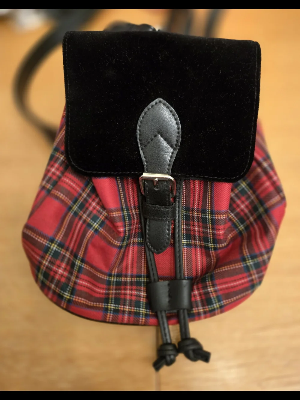 Vintage GAP Red Tartan Drawstring Bucket Bag with Black Accents